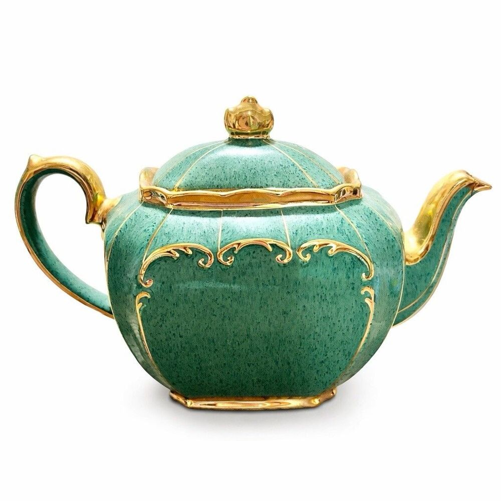 RARE Sadler Cube Teapot Emerald Green Gold Trim #1922 England Art Deco VTG READ